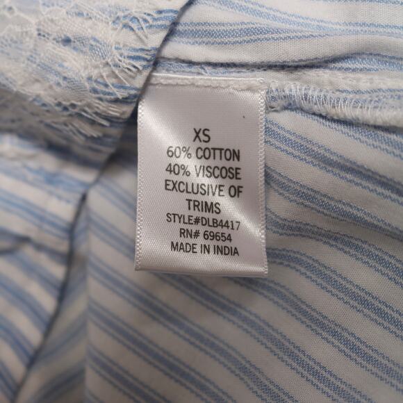 Blue Rain Striped Bell Sleeve Blouse Lace Trim Tie Back Boho Chic Light Blue XS - Picture 8 of 11